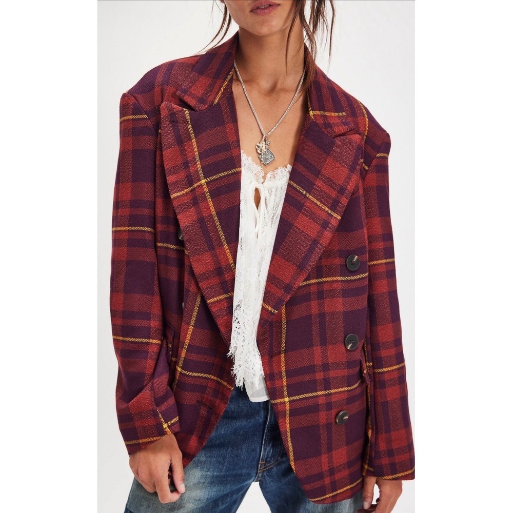 Dean Double-Breasted Blazer NWOT Oliver plaid brown combo